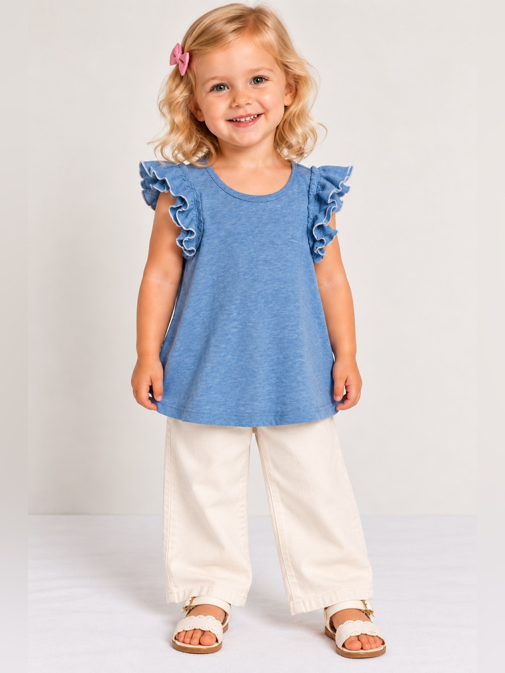 Uniqlo Baby AIRism Cotton Blue Ruffle Sleeve Top | NWT Size 18-24M